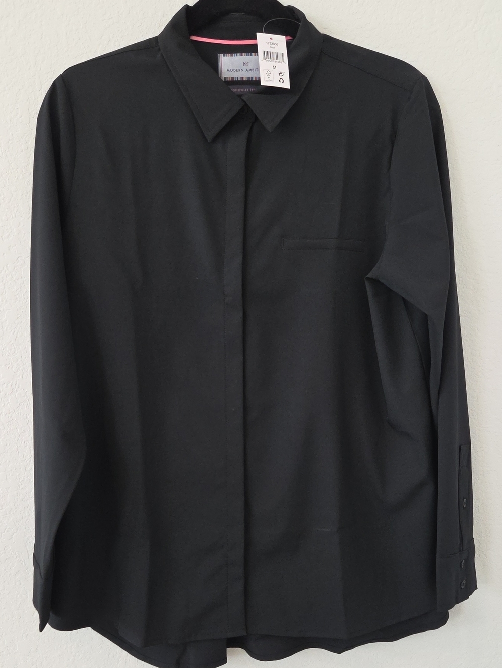 Modern Ambition Black Button-Front Long Sleeve Travel Shirt Basic Minimalist Med